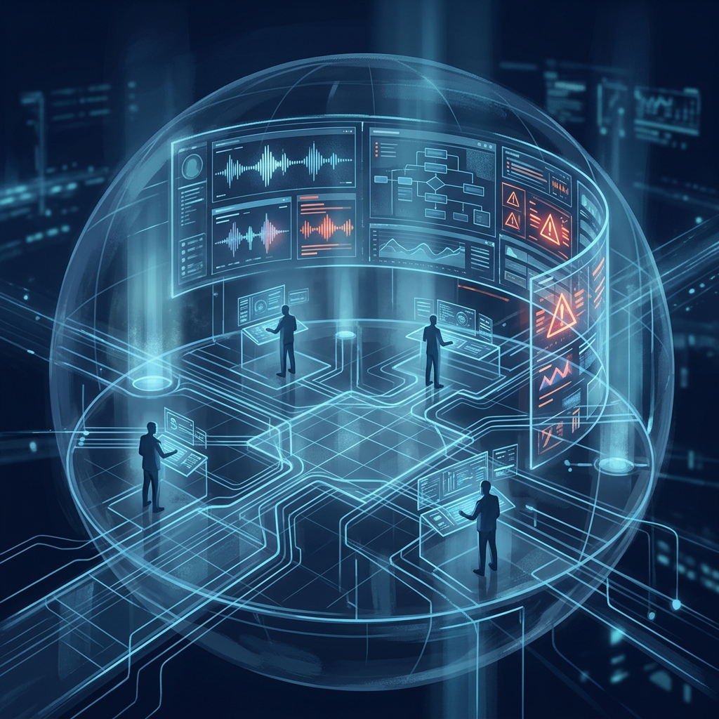 Futuristic cybersecurity control center with analysts, network diagrams, and warning alerts
